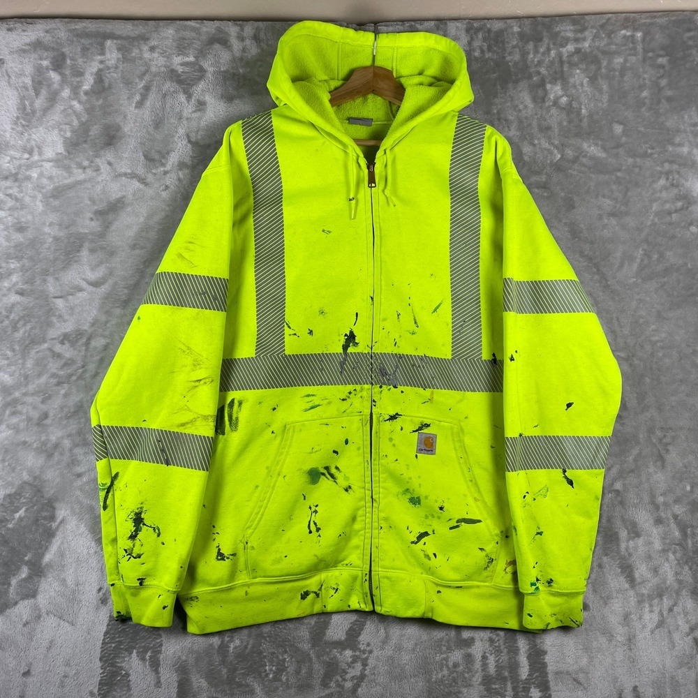Carhartt Full Zip Hoodie Mens XL Neon Yellow Reflective High Vis Distressed
